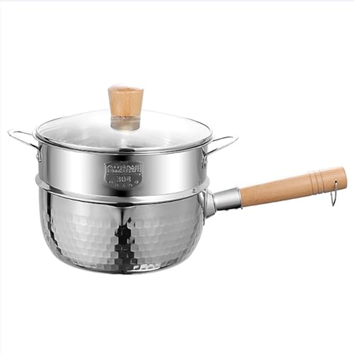 Sartén japonesa de acero inoxidable con tapa y vaporera, cacerola martillada antiadherente para ramen y leche, 20 cm