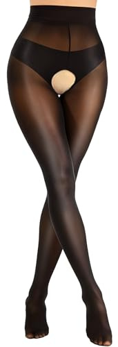 Buywis Oil Shiny Tights Stockings for Women High Waist Crotch Open Pantyhose Shaping Silk Socks Black XL