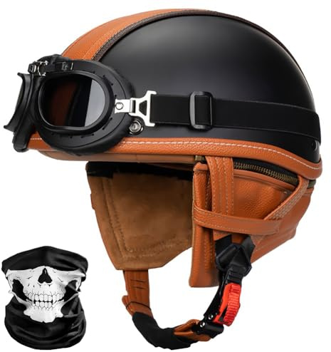 CZSBXBHD Vintage Deutsche Motorrad Halbhelme Mit ECE Halbschalenhelm Chopper Helm Motorradhelm Für Herren Mit Sonnenbrille Retro Jethelm Scooter Helm Cruiser Moped Offenem Helm,A,M 57~58CM