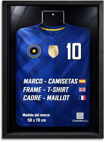 Marco para Camiseta de Fútbol 58x78 cm con soporte de Metacrilato – Cuadro para Camisetas Firmadas y Deportivas – Expositor para Camisetas de Deporte – Fácil Montaje – Marco Negro con fondo negro