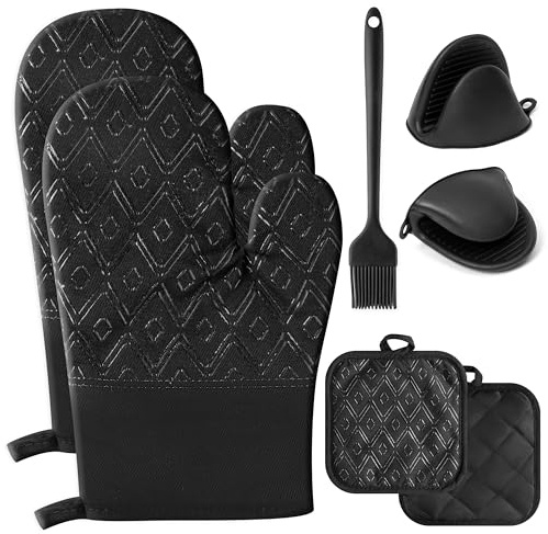 YINGENIVA Ofenhandschuhe Topflappen Topfhandschuhe Set 7-teilig | hitzebeständig, rutschfest, aus Silikon & Baumwolle, mit Clips und Pinsel für Backen, Kochen und Grillen, Schwarz