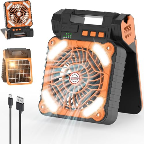 ShopINess Ventilador Portátil 3 en 1 con Linterna LED y Power Bank Panel Solar Integrado 7800 mAh Batería Recargable 4 Velocidades para Camping Emergencias y Viaje Color Naranja