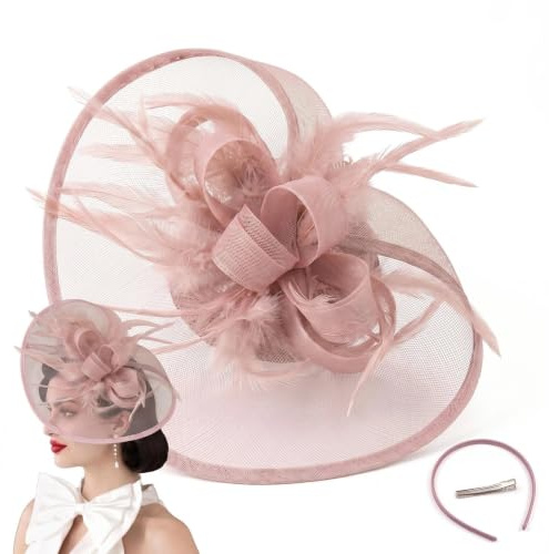Nerciony Elegant Pink Fascinators for Women Tea Party Hat Derby Headwear Wedding Hair Accessories with Mesh Feathers Headband Clip for Royal Ascot Cocktail