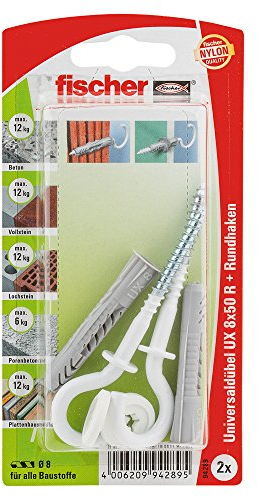 Fischer 094289 94289 RH N K SB-Karte, Inhalt Universaldübel UX 8 x 50 R (mit Rand), 2 x Rundhaken 5,5 x 87, nylonbeschichtet, 100 x 50 x 50 cm
