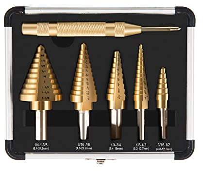 ZELCAN HSS 5PCS Titanium Step Drill Bit Set with Automatic Center Punch for Sheet Metal with Aluminum Case, 50 Sizes in 5 High Speed Multiple Hole Stepped Up Steel Bits for DIY Lovers