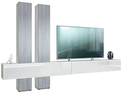 Vladon Wohnwand Moja, Made in Germany, Weiß matt & Weiß/Avola-Anthrazit - Moderne Anbauwand für Ihr Wohnzimmer (BxHxT) 330 x 204 x 39 cm