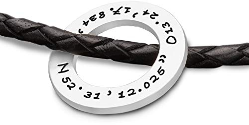 Herren Kette Lederkette Männer Gravur GPS Koordinaten GEO RING MEN 925 Silber Lederband Männerkette Männerschmuck personalisiert Geschenk Mann Freund Vater Opa