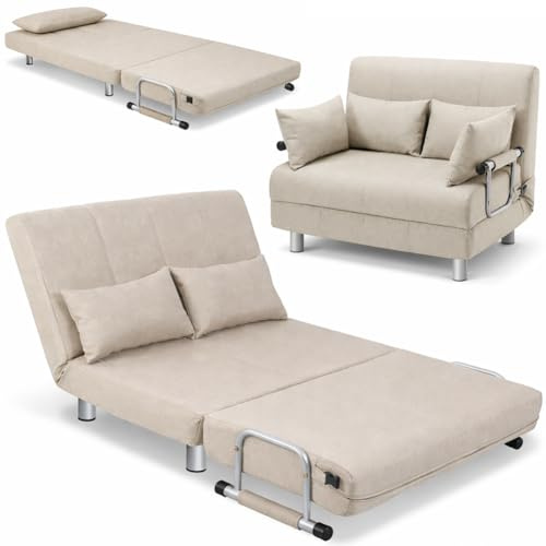 BAKAJI Divano Poltrona Letto 2 Posti Letto una Piazza e Mezza Struttura in Metallo Rivestimento in Tessuto Imbottito Schienale Reclinabile 5 posizioni Dimensione 102x82x78cm (Crema)