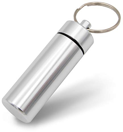 Porte-clés Aribari. Boîte à pilules en Aluminium. Boîte à comprimés de Haute qualité, Capsule imperméable à l'eau pour Les déplacements. Adresse ou étiquette Cadeau. 6 cm x 1,7 cm. Argent..