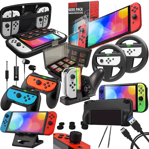 Orzly Kit d'accessoires conçu pour Les Accessoires Nintendo Switch Geeks et boîtier de Console OLED et Protecteur d'écran, poignées Joycon et Roues pour Un Jeu amélioré et Plus Encore - Noir de Jais