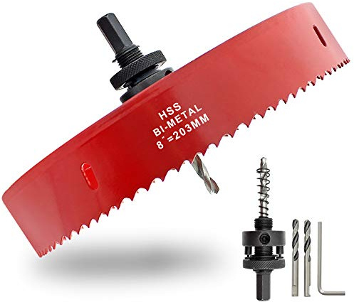 Hordion 203mm/8 inch Hole Saw Bi-Metal Saw Drilling Tool with Twist Drill Bit and L Hex Wrench for Cornhole Boards Wood Plasterboard Plywood Plastic,Red