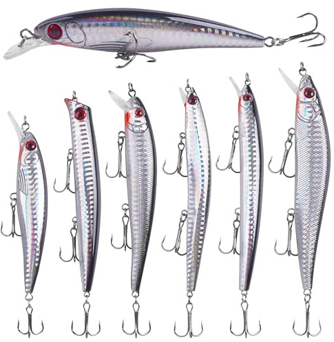 Saltwater Fishing Lures Kit, 6pcs Surf Fishing Sriper Lures Minnow Lures Deep Diving Jerkbait Crankbait Popper Plugs Hard Baits with Treble Hooks for Inshore Offshore Ocean Deep Sea Fishing