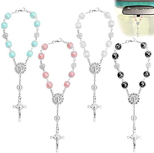 4 pièces de perles de chapelet catholique, FineGood croix décor de voiture à suspendre pour rétroviseur arrière pour femmes, pendentif pour décoration intérieure de voiture