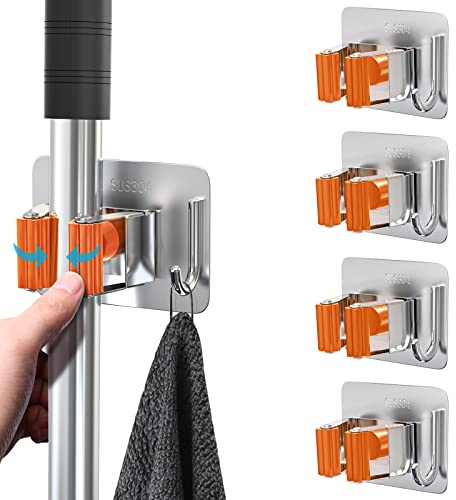 homeasy Mop Broom Holder, Stainless Steel Wall Mounted Rack, 4 Pcs, Orange | 4 pcs self adhesive mop holders with hooks, waterproof stainless steel rack for bathroom, kitchen, garage and garden storage