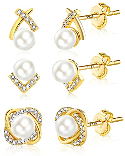 Pearl Stud Earrings Large 14k Gold Plated Pearl Earrings Set for Women