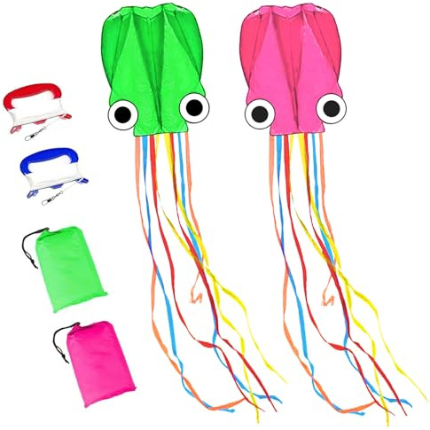 Flying Hoofer Large Octopus Kites(2packs) for Kids and Adults - Easy to Fly, 28X158 3D Software Colorful Kite with Long Tails. Perfect for Beach and Outdoor Activities (Pink & Green).