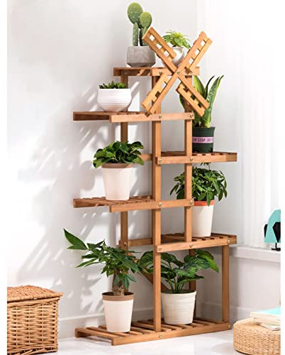 SOYALS 6-stöckiger Pflanzenständer aus Holz, 7 Topfblumentöpfe, Leiterregal, freistehender Bonsai-Topfpflanzenständer für Innen- und Außengarten, Balkon, Wohnzimmer
