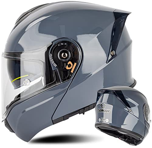 Klapphelm Motorradhelm Flip up Integralhelm Herren Damen mit Doppelvisier Sonnenblende Verstärktem Kinnschutz DOT/ECE Zugelassen Motorrad Sturzhelm für Chopper Moped Mofa Roller, Grau-XXL(63~64cm)