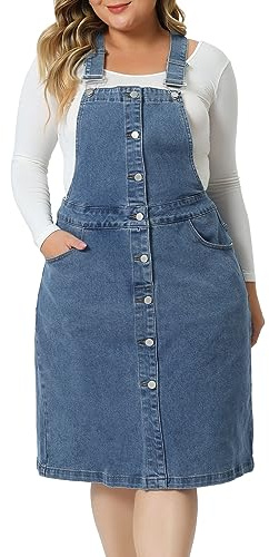 Agnes Orinda Plus Size Denim Overall Dress for Women Button Front Adjustable Strap Suspender Skirt 1X Gray Blue