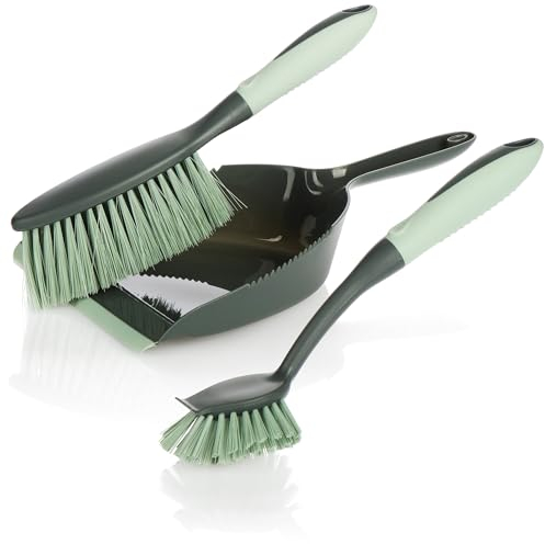 com-four® Set di Pulizia in 3 Pezzi - Spazzola a Mano, Paletta e Spazzola - Set per Spazzare la Casa (Grigio-Verde Chiaro 3 pz.)