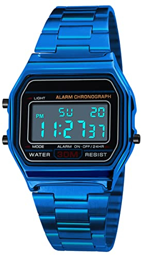 Yuehuamech Herren- Digital- Quarz- Uhr, Luxus- Business- Armbanduhr 30M Elektronischer Chronograph wasserdichte Digitaluhr Sportuhr mit Edelstahlarmband LED- Hintergrundbeleuchtung