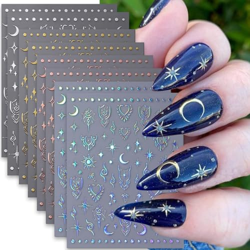 Kryzalite® 8 Stück Mond-Stern-Nagelaufkleber, selbstklebende 3D-Kunstaufkleber, Sterne, Sonne, Design-Aufkleber, Laser-Gold, Zubehör, Herz, Silber, für Frauen und Mädchen