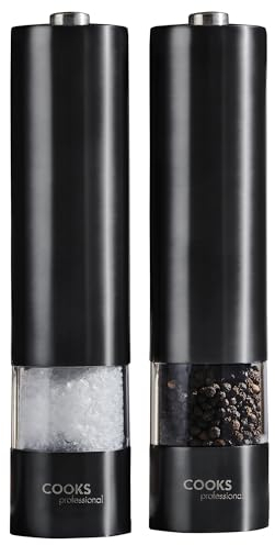 Cooks Professional Electric Salt and Pepper Mill Set | Battery Operated Automatic Grinders with Adjustable Course & Fine Grinding & One Touch Operation | Condiment Seasoning Grinder | Black