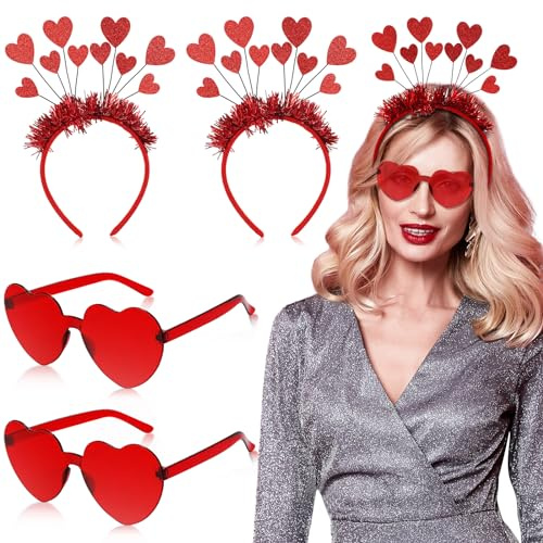 Sinmoe 4 Stück Valentinstag Party Geschenke 2 Stück Rote Herz Pailletten Stirnbänder 2 Stück Herz Randlose Sonnenbrillen Herzform Hippie Brille Glitzer Herz Bopper Haarreif für Herren Damen Feiertag