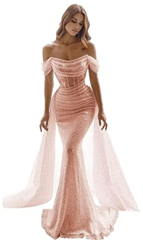 Generisch Glitzernde Meerjungfrau Ballkleider FüR Frauen Pailletten Schulterfrei Abnehmbare Schleppe Formelle Abendkleider Langes Nachlaufendes Ballkleid Rose Gold M