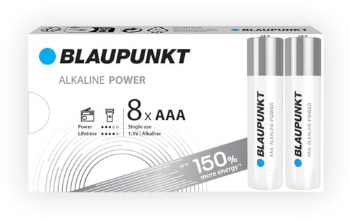 BLAUPUNKT AAA Piles alcalines, Paquet de 8, idéales pour Les horloges murales et Les télécommandes, LR03BPO/8CB