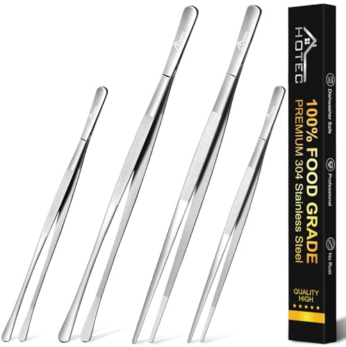 HOTEC Kitchen Tweezers Tongs Stainless Steel, Set of 4-10 and 12inch Extra-Long Food Tweezers Fine Kitchen Tongs for Cooking,Grill and Baking
