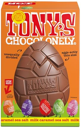 Tony's Chocolonely Gros œuf de Pâques – Chocolat au lait, caramel, sel de mer avec 5 petits œufs en chocolat solide – Cadeaux de Pâques issus du commerce équitable (242 g)