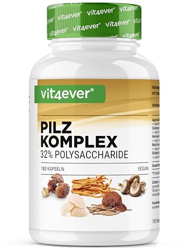 vit4ever Complesso di Funghi - 180 Capsule - 1500 mg di Estratto | 32% (480 mg) di Polisaccaridi - Con Criniera di Leone (Hericium), Reishi, Cordyceps, Shitake e Agaricus Blazei - Vegan