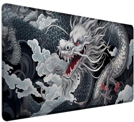 HUOCAIREN Oriental Dragon Desk Mat, Anime Cool Large Gaming Mouse Pad (35.4x15.7 in), Navy Blue Deskmat XL, Chinese Japanese Dark Gray Office Desktop Mat, Laptop MouseMat Accessories Gifts for Men