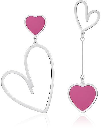 Linawe Titanium Stainless Steel Heart Dangle Earrings for Women Trendy, Gold/Silver/Rose Gold Big Drop Earrings, Hypoallergenic Long Asymmetrical Earrings, Mismatched Love Earrings