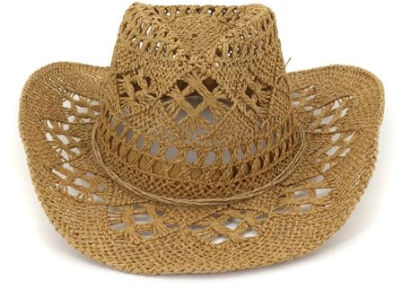 Cowboyhut aus Stroh für Damen, glitzernder Westernhut für Urlaub, Party, faltbar, Urlaub, Strand, Sonnenhut, Khaki, Einheitsgr��e
