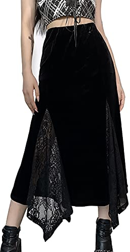 XKBHYD Womens Goth Long Skirts Vintage Velvet Lace Skirts Grunge Punk Harajuku Fairy Skirt Emo Alt Witchy Maxi Skirt Black