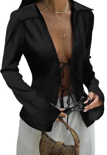 Cicy Bell Womens Sexy Tie Front Shirts Deep V Neck Silk Club Tops Long Sleeve Y2k Going Out Blouse Black