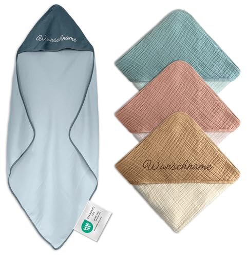 my STITCHERY Kapuzenhandtuch Kinder mit Namen Bestickt, Oeko-TEX® Standard 100 - Personalisiertes Badetuch mit Kapuze aus weichem Musselin mit gesticktem Namen (Dunkelblau, 100 x 100 cm)