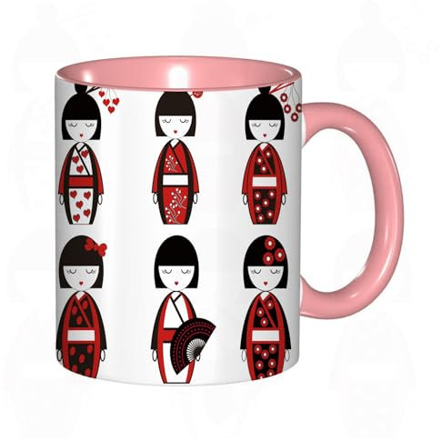 EKLMPS Tazas de Café,Taza de Cerámica para Té y Café,330ml/11oz,Regalos original,Aniversarios,nupical,desayuno,Románticos,Muñeca geisha japonesa oriental con kimono con flores orientales y bastón con