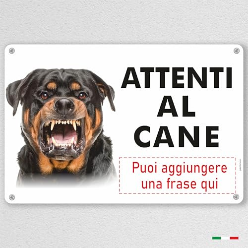 Pubblimania Cartello ATTENTI AL CANE ROTTWEILER PERICOLOSO Con Personalizzazione in Alluminio 3 strati