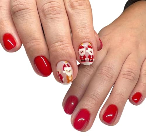 XAGMODSHN Lot de 24 faux ongles courts à coller sur les ongles en forme de Père Noël pour femmes et filles