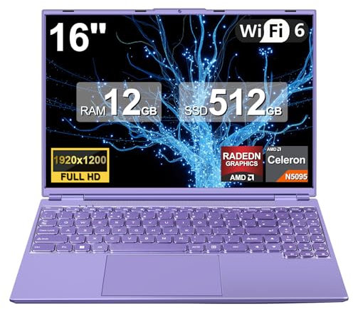 Ordenador Portátil 16 Pulgadas Celeron N5095 Up to 2.9Ghz, Portátil Win 11 con 5G WiFi 12+512GB SSD Expansión 1TB, BT 4.2 Mini Puerto Multimedia Portatiles Ventilador Refrigeración 1920*1200-Morado