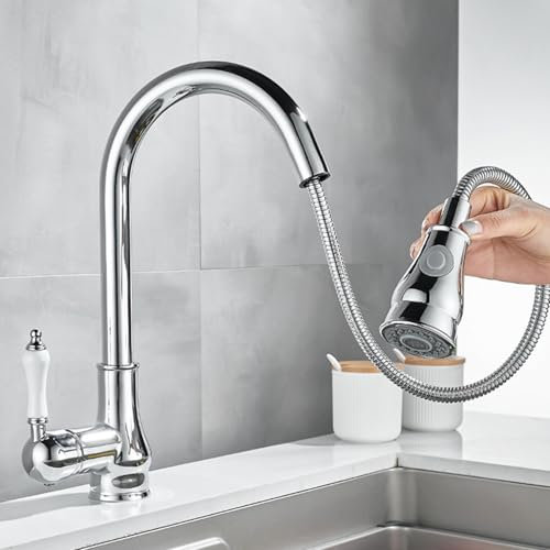 Ausziehbare Küchenarmaturen aus Messing, 2-Fach schwenkbar, für heißes und kaltes Wasser, Einloch-Spültischarmaturen, ausziehbar, verchromt