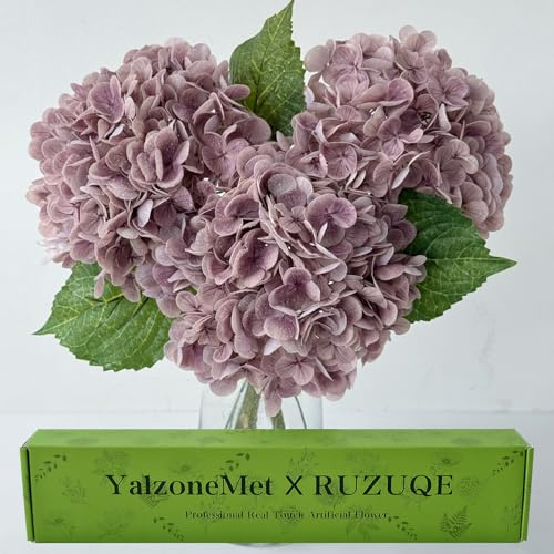 YalzoneMet Lot de 3 fleurs d'hortensia artificielles vintage mauve gris violet 53,3 cm en latex au toucher réaliste pour fête, maison, cuisine, chambre à coucher, tables de table, décoration d'automne
