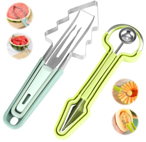 2 Stück Obstschneider aus Edelstahl, 3-in-1 Melonenschneider, Doppelkopf Wassermelonen Schneider, Sommer Wassermelonen-Fruchtschneidegabel für Cantaloupe, Papaya, Drachenfrucht (Grün)