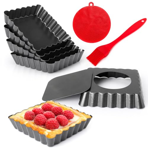 Quyimy Tart Tins 6 Packs Square 10cm Quiche Dish, 4 inch Quiche Tins with Loose Base, Non-Stick Carbon Steel Pie Dishes Flan Tins with Oil & Dish Brush