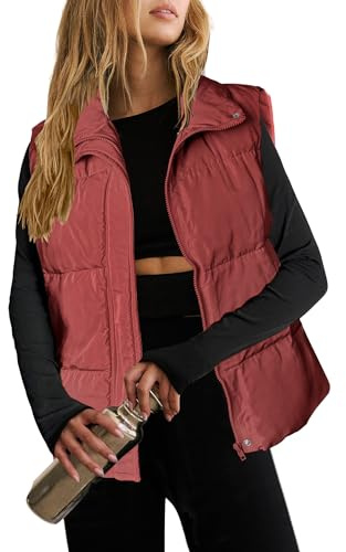 Zeagoo Gilet Donna Smanicato Invernale Elegante Termico Giacca Trapuntata Casual Imbottito da Esterno Leggero Gilets Primaverile Autunno con Cerniera e Tasche Rosso L