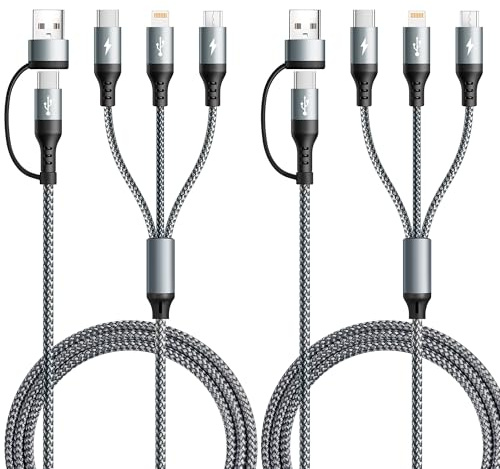 UZAHSK 5 in 1 Multi Charger Cable, USB A/C Cable with Data Transfer | 2 Pack 1.2M, Nylon Fast Charging Cable with Lightning/Type C/Micro for iPhone/Samsung/Android/Tablet