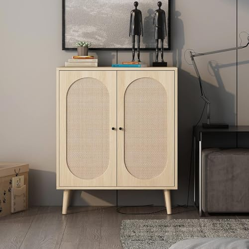 GuannCraft Moderner Kleiderschrank aus Holz mit Rattantüren – geeignet für kleine Räume, Eingangsbereiche, atmungsaktive Aufbewahrungsschränke und Kleiderschränke. (Weiß)